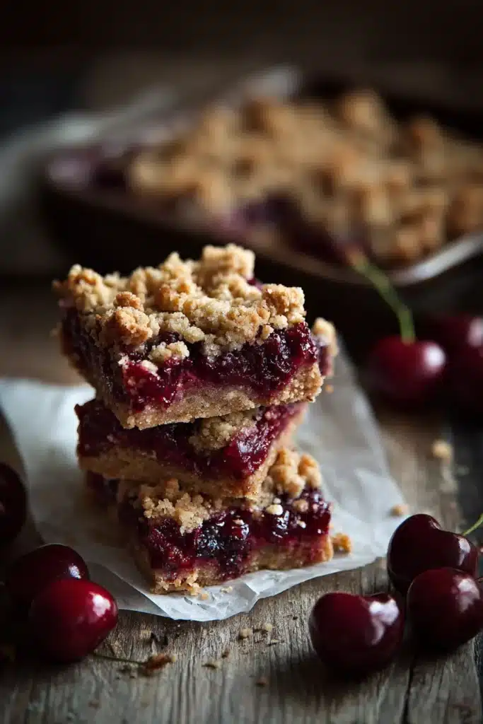 Cherry crumble bars with buttery topping and juicy cherry filling in baking dish