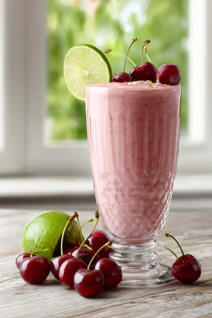 Cherry lime smoothie with fresh cherries and lime garnish in a glass