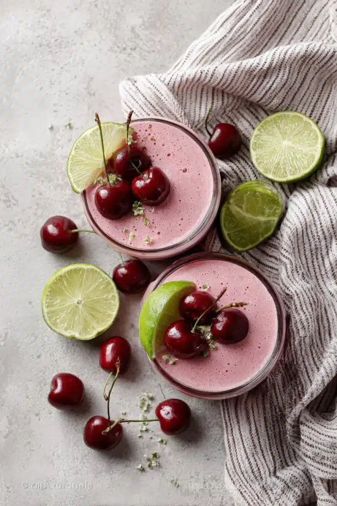 Top view cherry lime smoothies with cherries and lime garnish