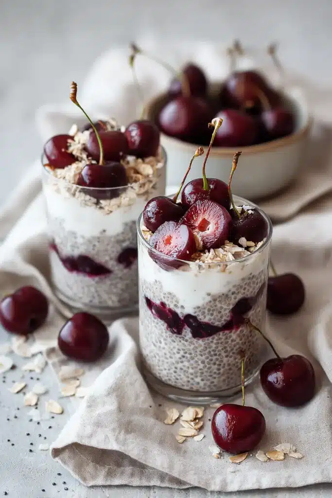 Two glasses of cherry overnight oats with yogurt and fresh cherries