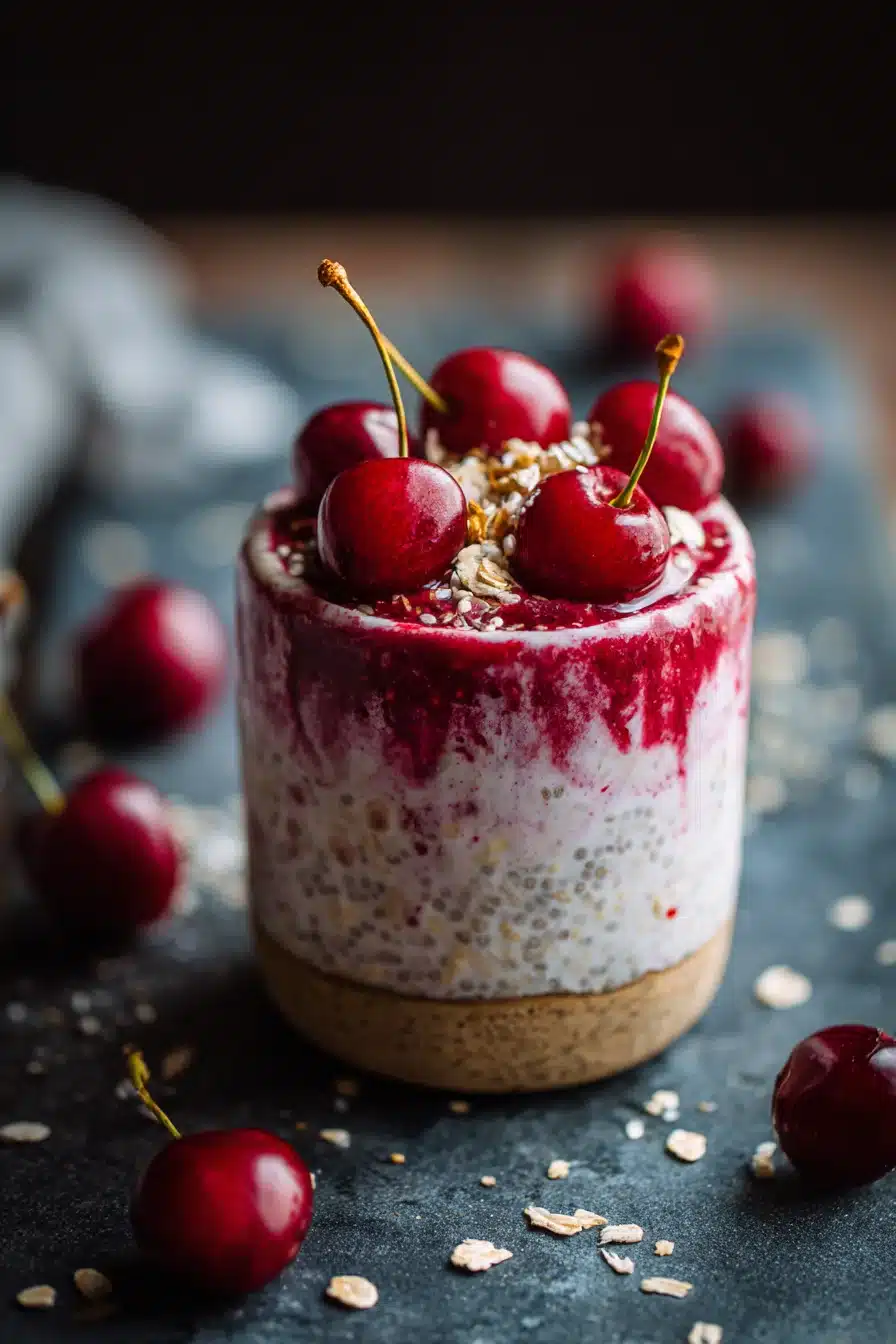 Cherry overnight oats with yogurt and fresh cherries in a glass jar