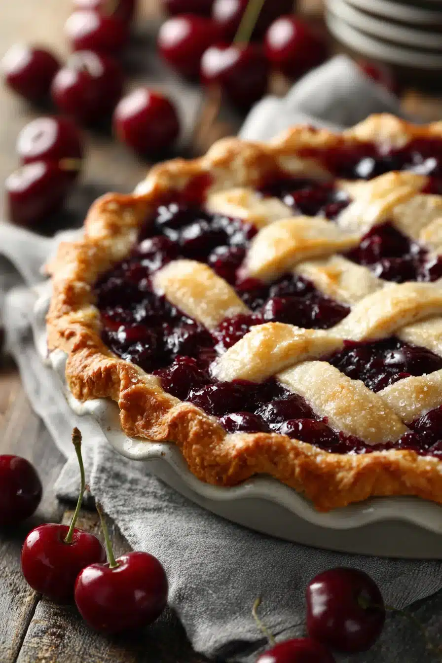 Cherry pie with lattice crust and glossy cherry filling on rustic table