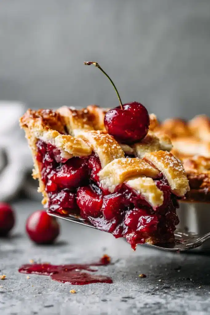 Cherry pie slice with glossy cherry filling and flaky crust