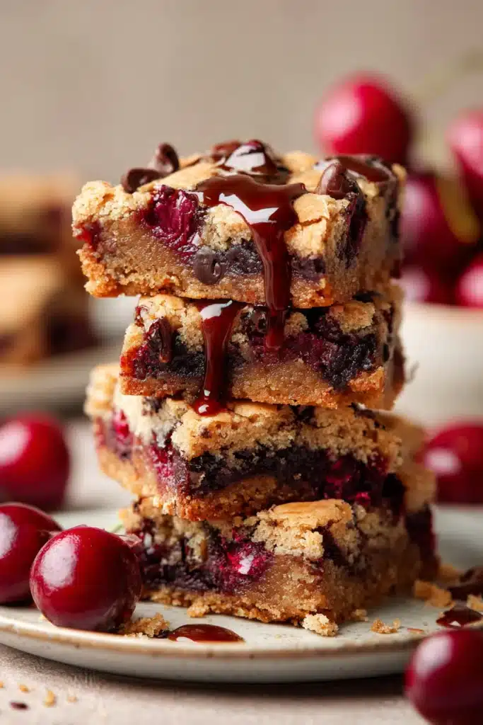 cherry chocolate chip bars stacked with gooey texture
