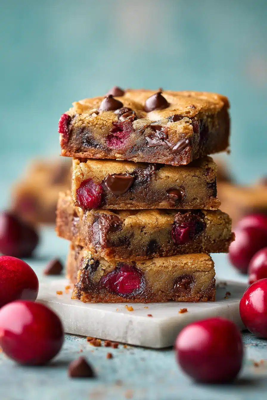 Chocolate chip cherry bars with gooey texture and fresh cherries on marble surface