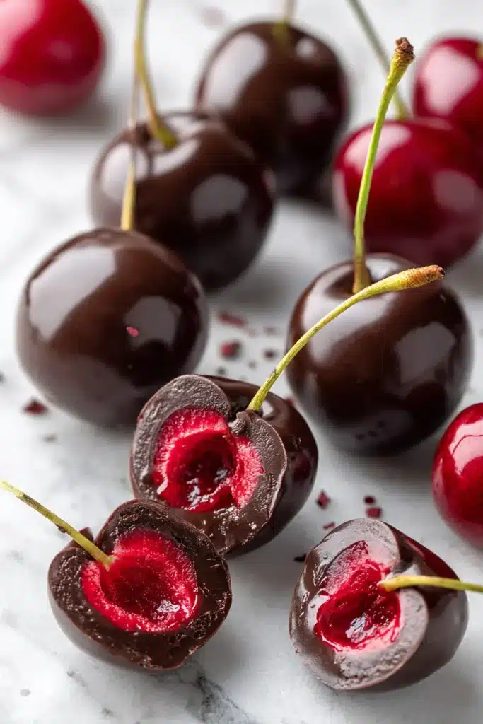 Chocolate-covered cherries with glossy coating and juicy red centers on a white background