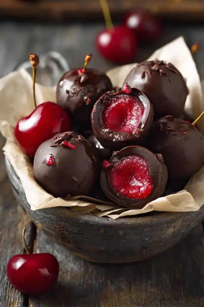 Chocolate-covered cherries with glossy chocolate coating and juicy red centers on a light background