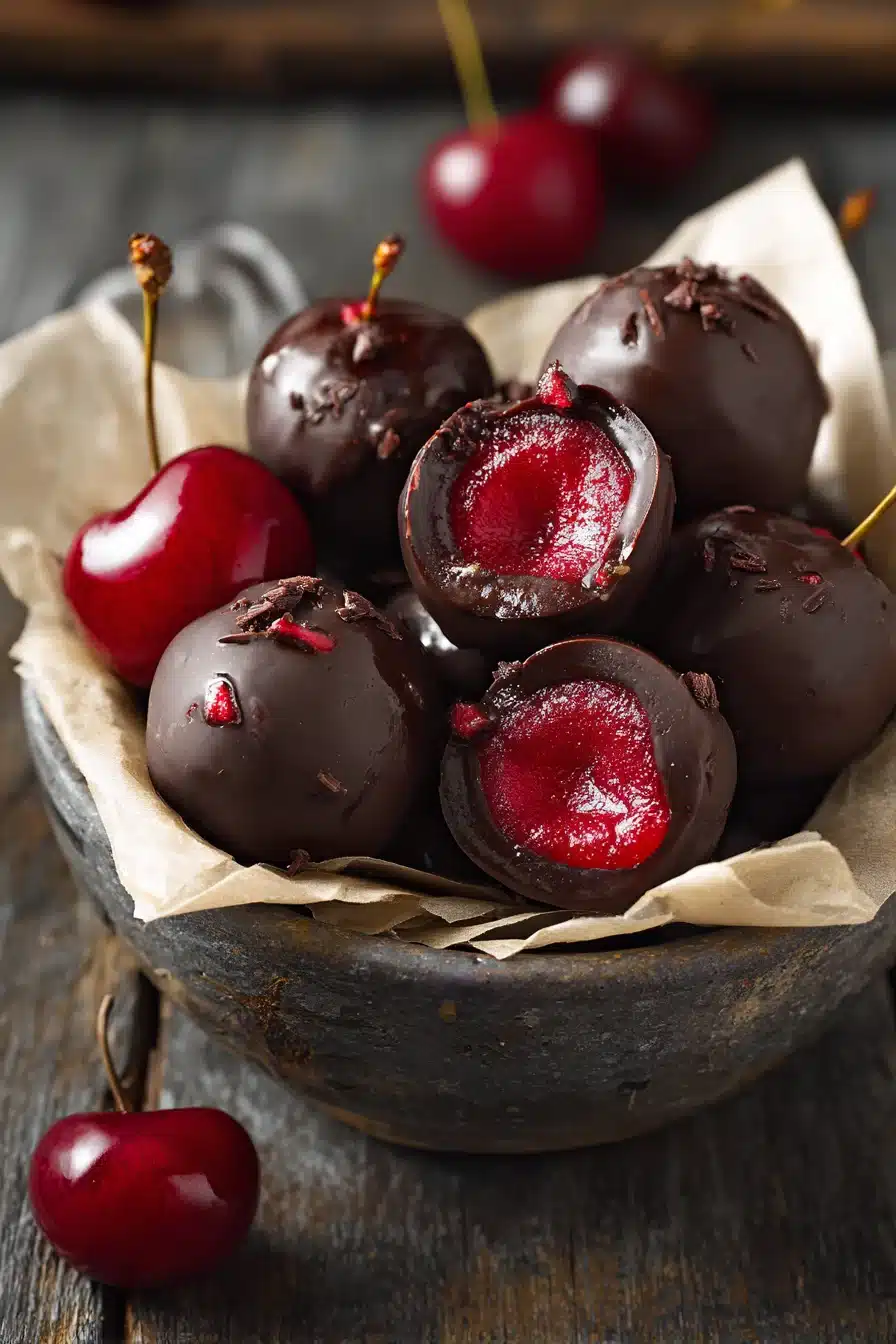 Chocolate-covered cherries with glossy chocolate coating and juicy red centers on a light background