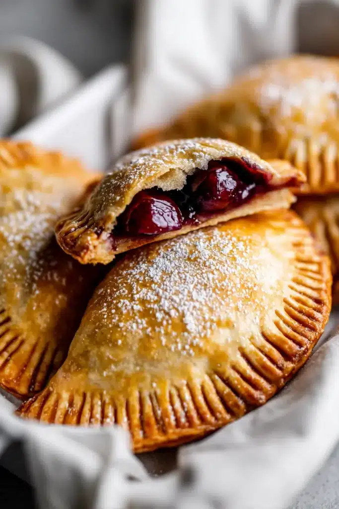 cherry hand pies with flaky crust and powdered sugar