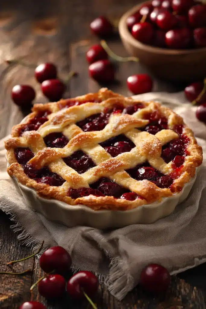 Homemade cherry tart with golden lattice crust and fresh cherries on wooden board