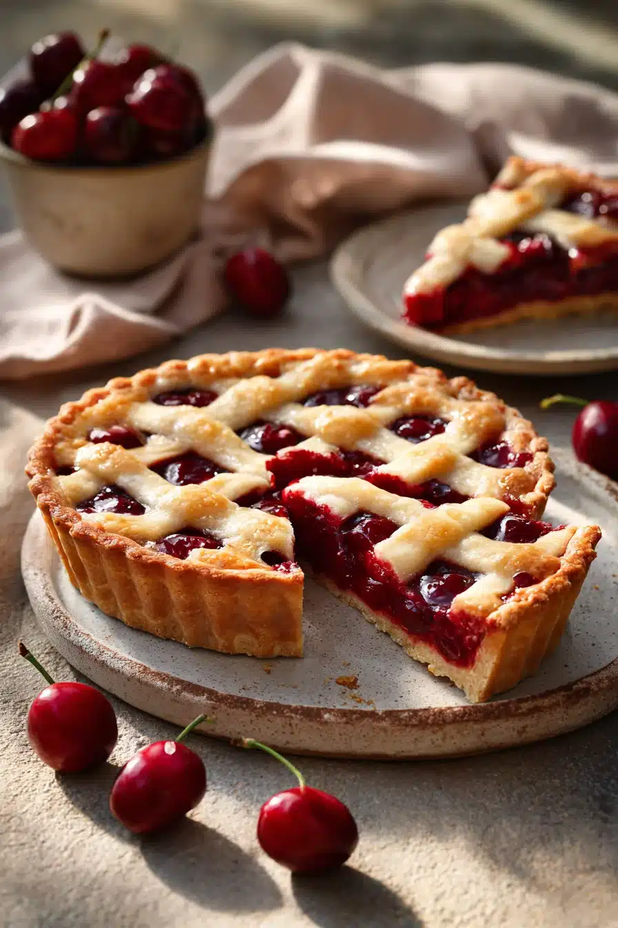 Delicious homemade cherry tart with lattice crust and juicy cherry filling slice