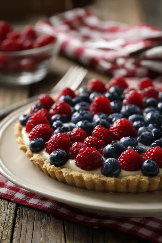 Berry tart American flag dessert with raspberries blueberries and cream