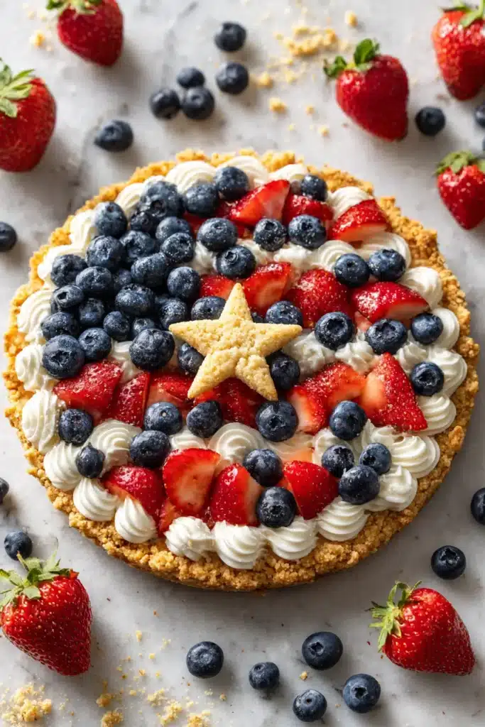 Easy American Flag Fruit Pizza with blueberries, raspberries, and cream cheese topping