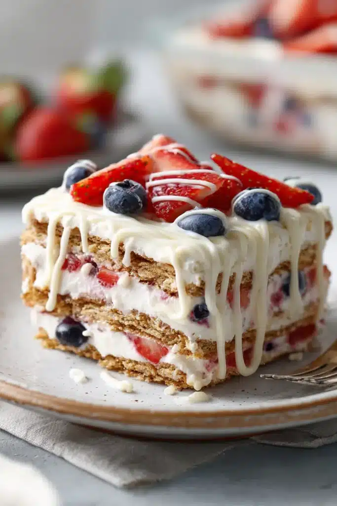 Easy no bake summer berry icebox cake with strawberries, blueberries, and creamy layered filling