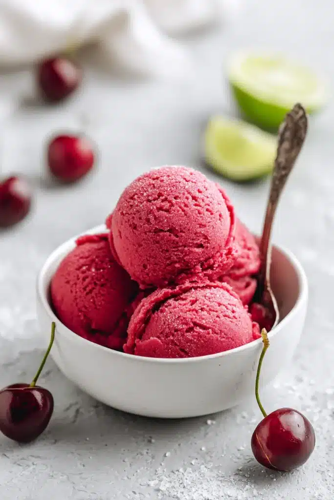 Fresh cherry sorbet scoops in white bowl with spoon