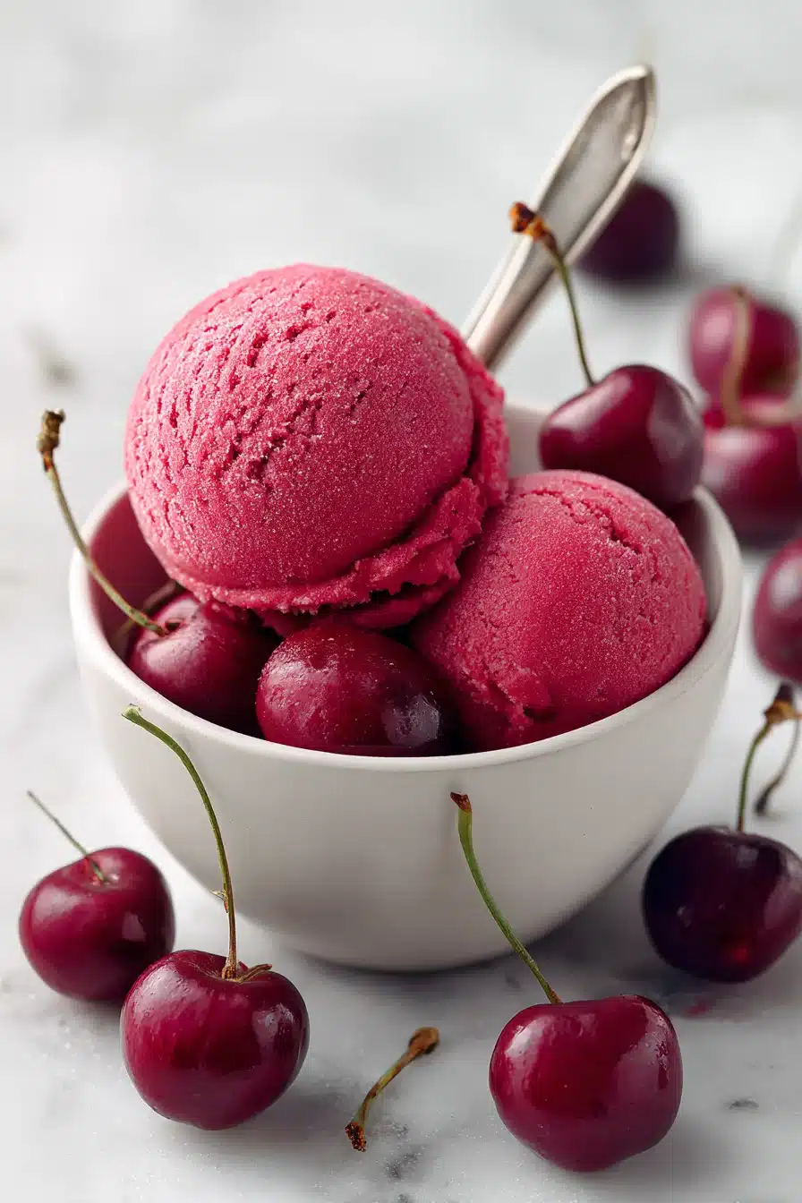 Fresh cherry sorbet scoop with ripe cherries in a bowl