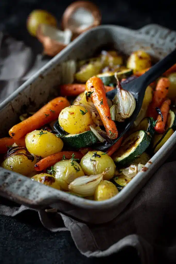 Garlic Herb Roasted Potatoes Carrots and Zucchini on a sheet pan with crispy edges and herbs