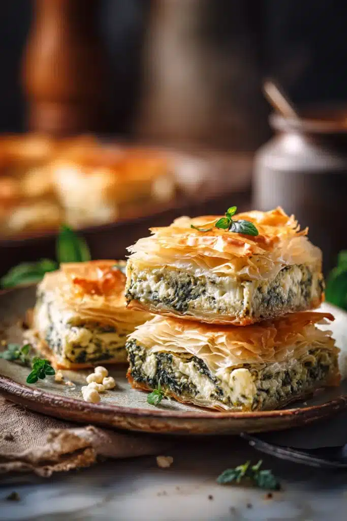 Greek spanakopita recipe with crispy phyllo layers and creamy spinach feta filling