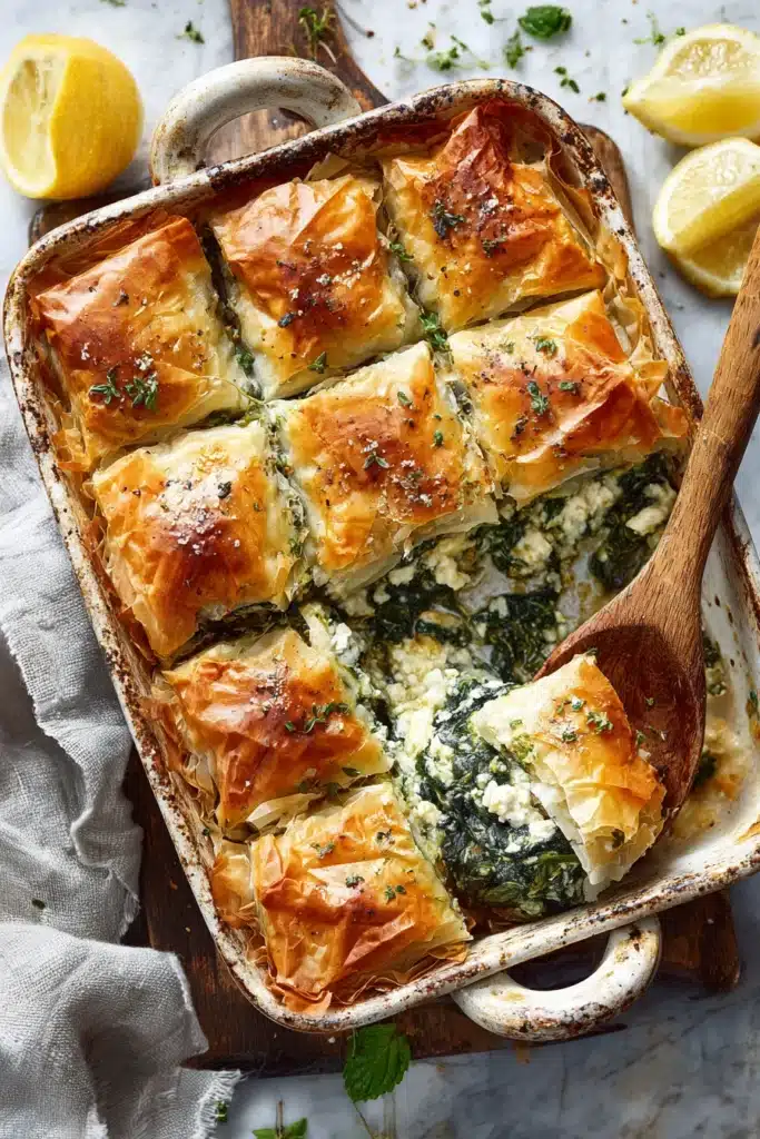 Greek Spanakopita Recipe baked in dish with crispy phyllo and spinach feta filling