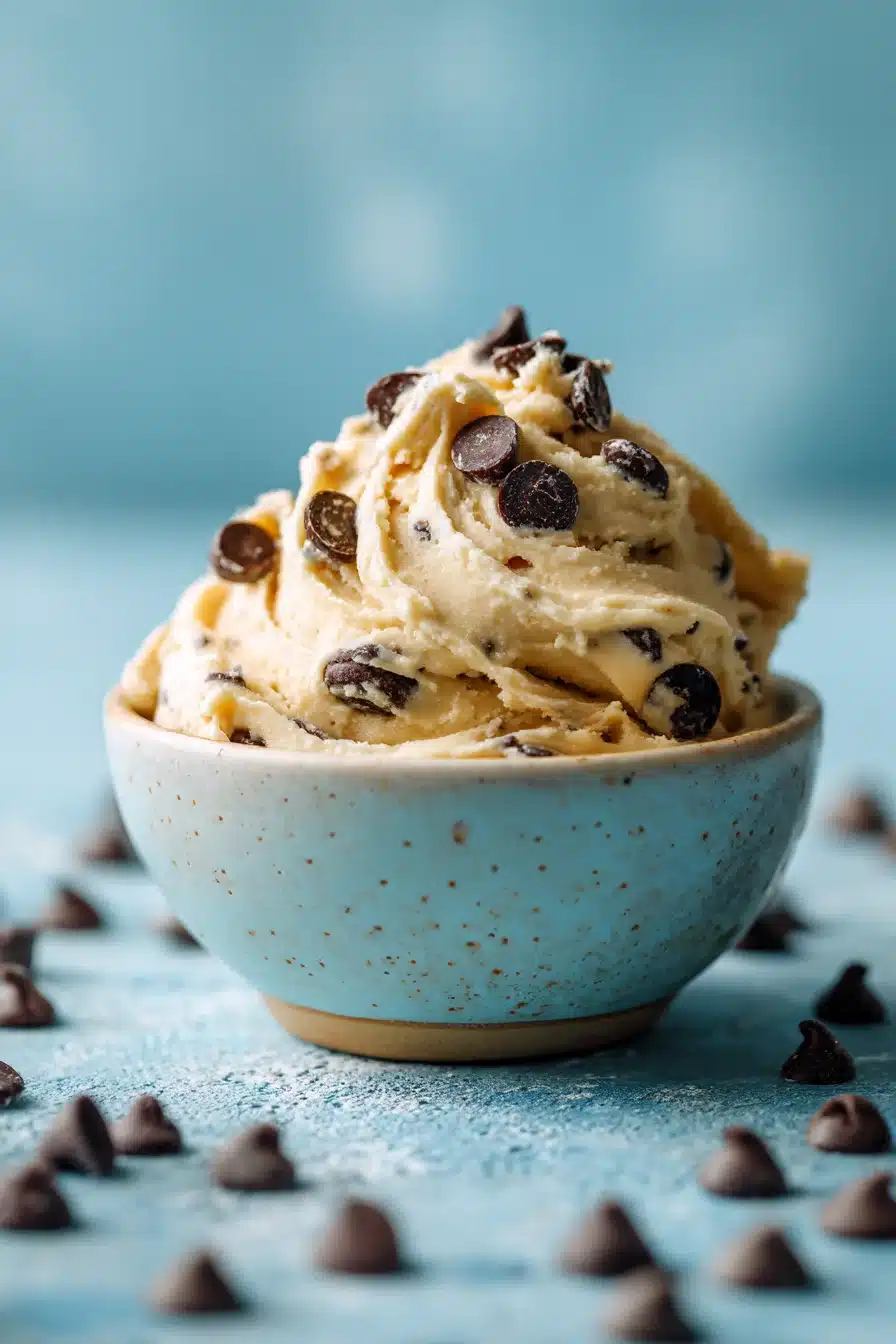 Greek yogurt cookie dough with chocolate chips in a bowl