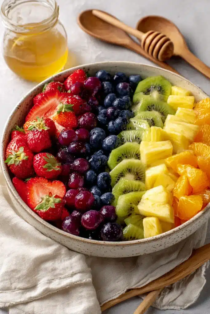 Honey Lime Rainbow Fruit Salad with strawberries, blueberries, kiwi, grapes, and pineapple in a white bowl