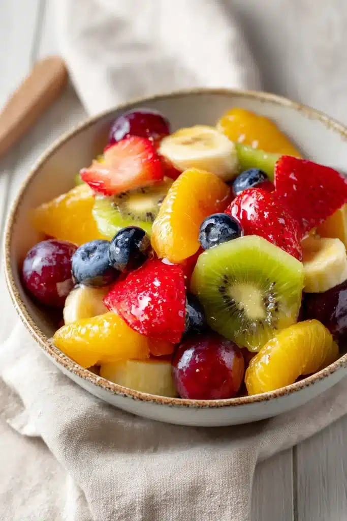 Honey Lime Rainbow Fruit Salad with fresh strawberries, kiwi, pineapple, blueberries, and grapes in a bowl