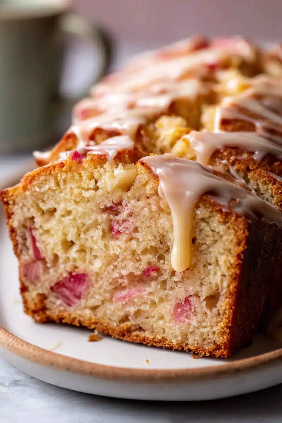Lemon rhubarb loaf slices with glossy glaze on golden moist crumb