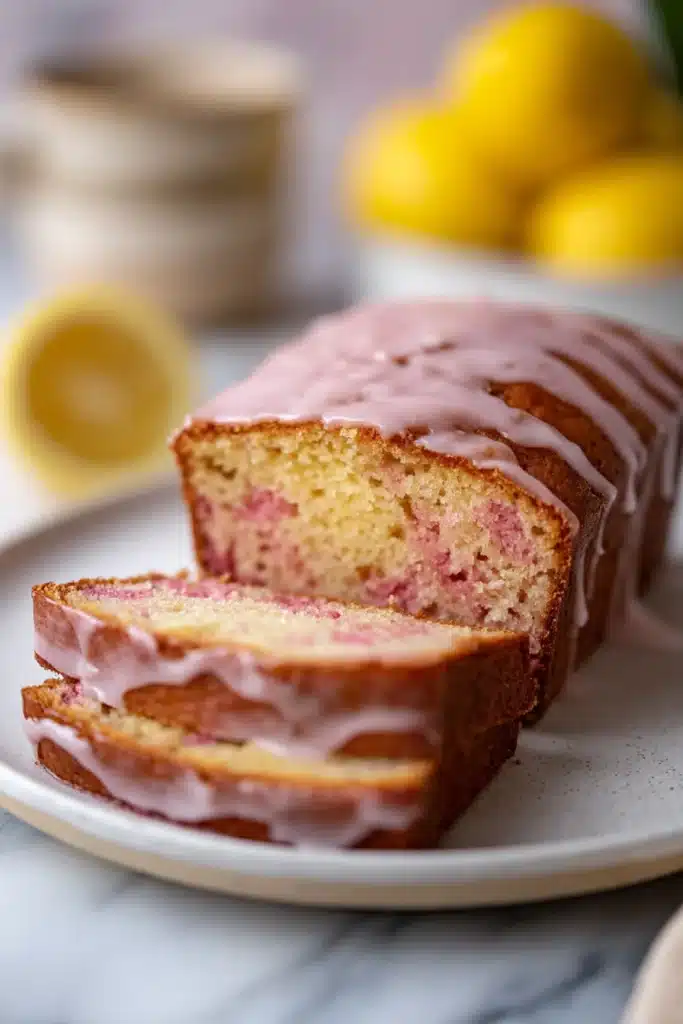 Lemon Rhubarb Sunshine Loaf 3 Lemon Rhubarb Sunshine Loaf sliced with glossy lemon glaze on top