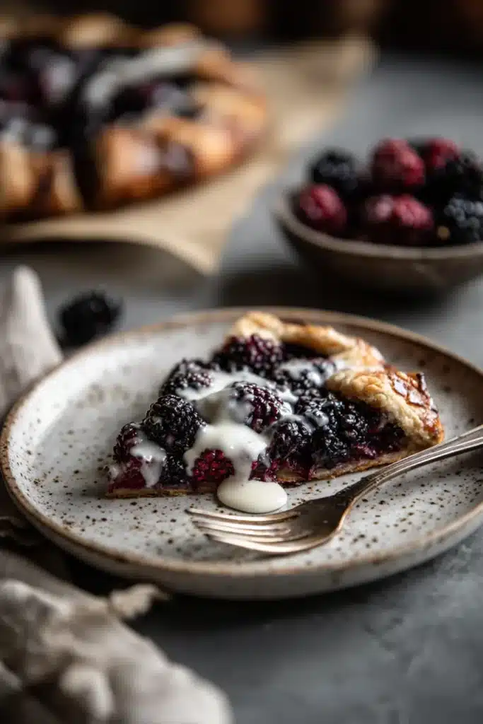 Mulberry Galette slice with vanilla sauce on rustic plate