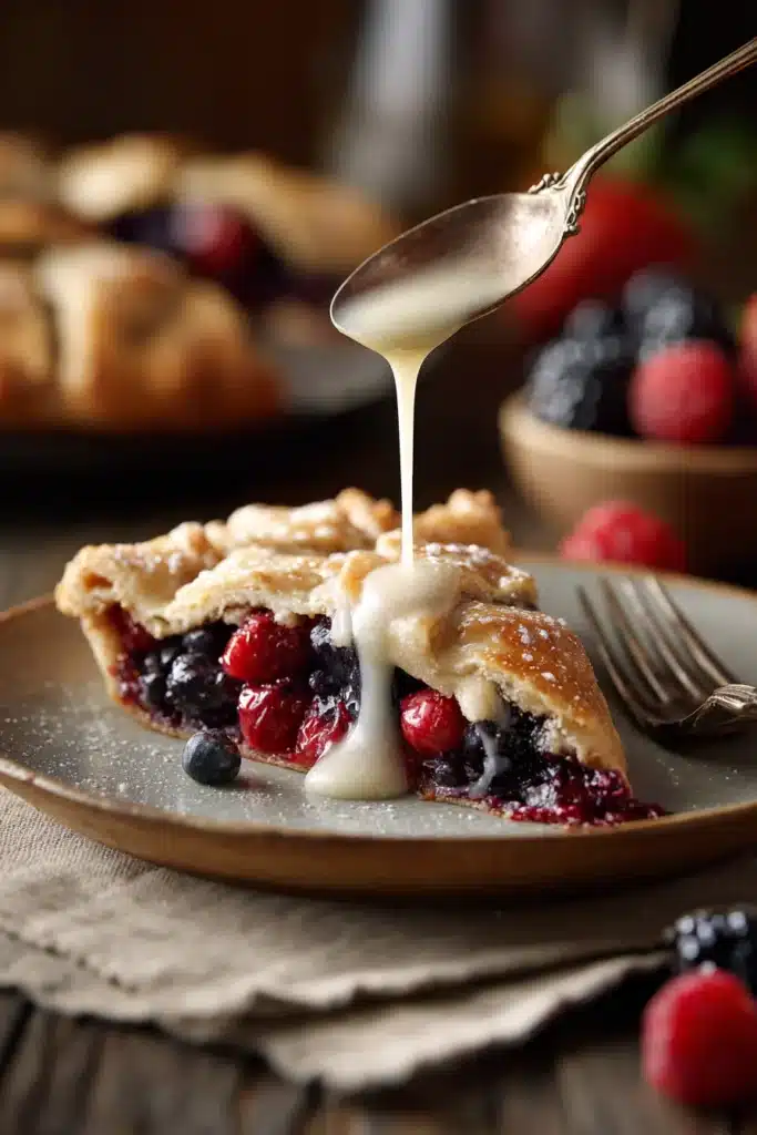 Mulberry galette slice with vanilla sauce drizzle on rustic plate