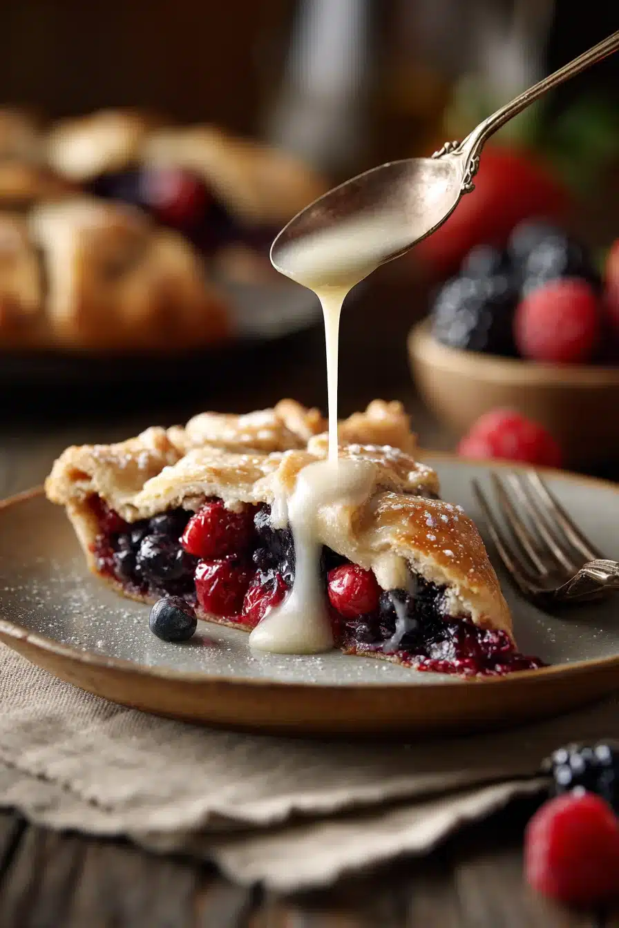 Mulberry galette slice with vanilla sauce drizzle on rustic plate
