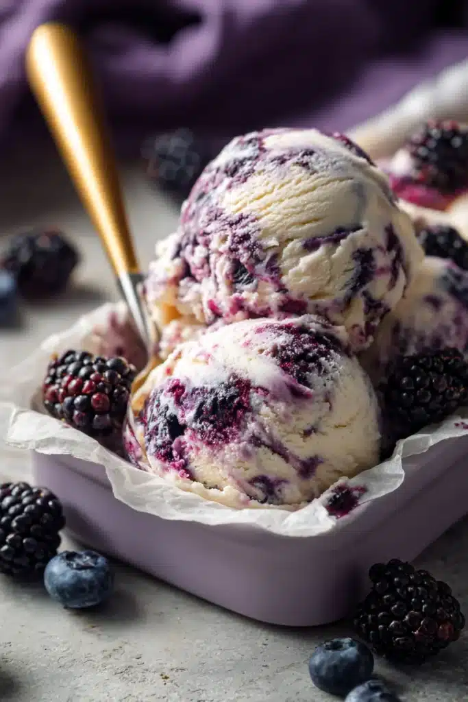 No churn mulberry ice cream scooped with fresh berries and creamy texture