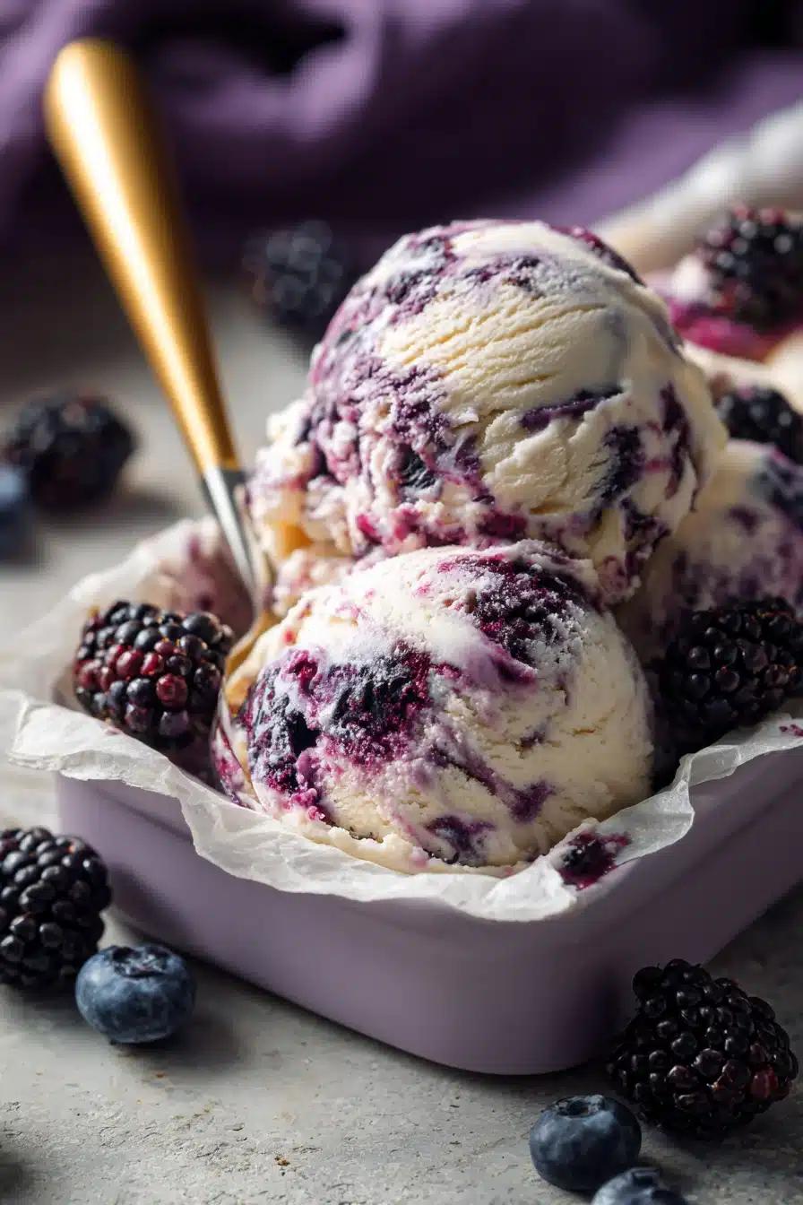 No churn mulberry ice cream scooped with fresh berries and creamy texture