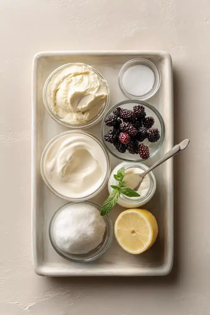no churn mulberry ice cream ingredients laid out with cream sugar and berries