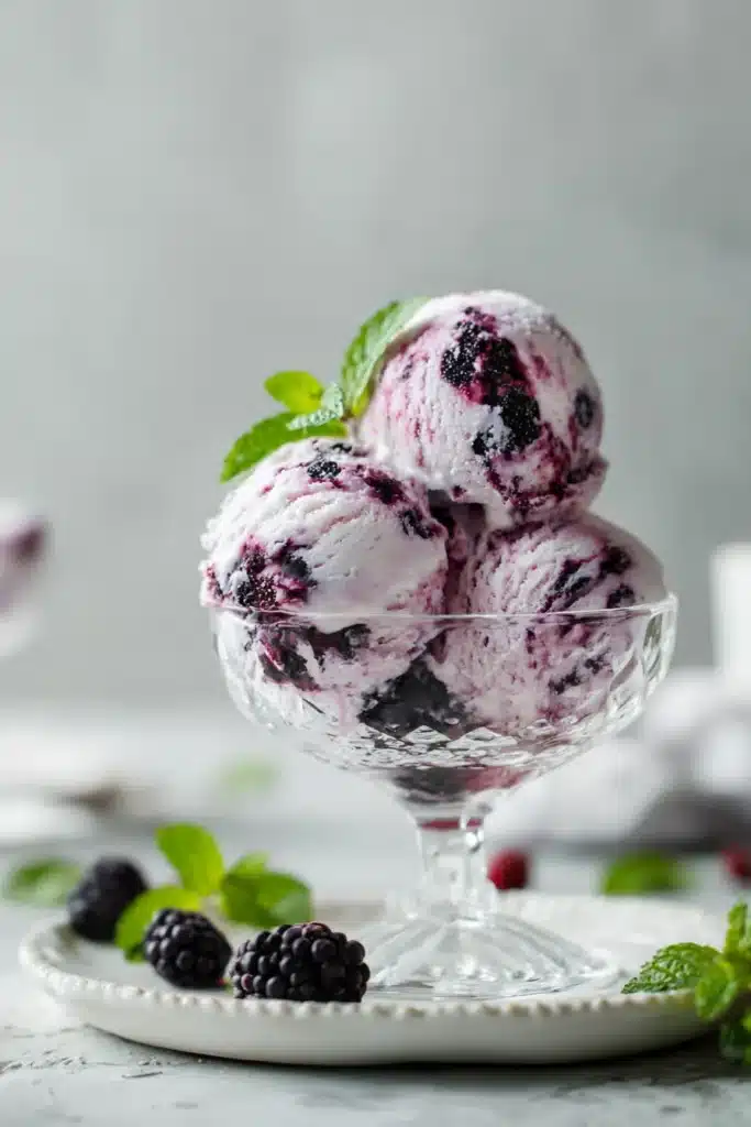 mulberry ice cream scoops in glass bowl with fresh berries and mint