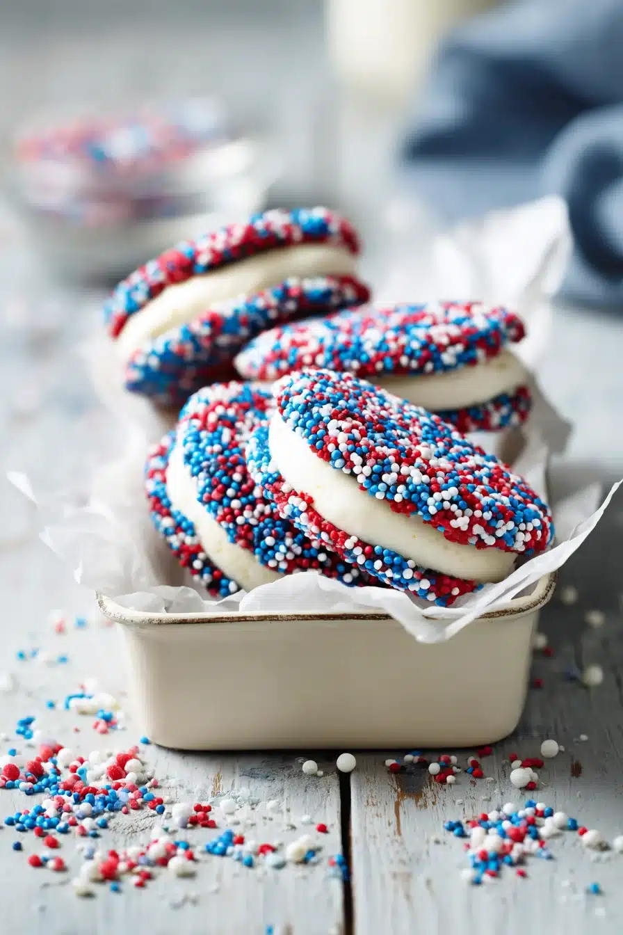Patriotic mini ice cream sandwiches with red white and blue sprinkles in a tray