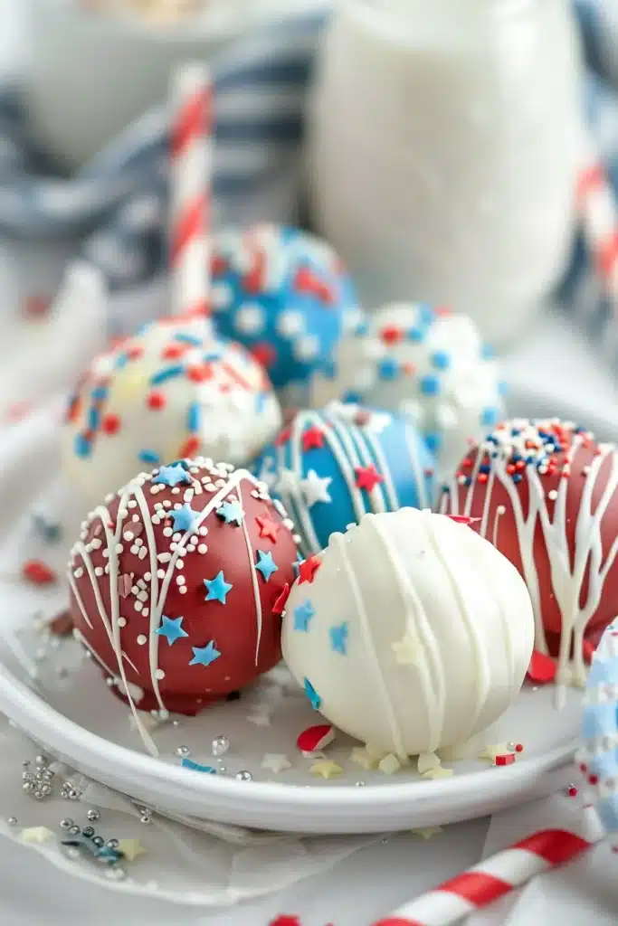 red white and blue cake balls with white chocolate drizzle and star sprinkles