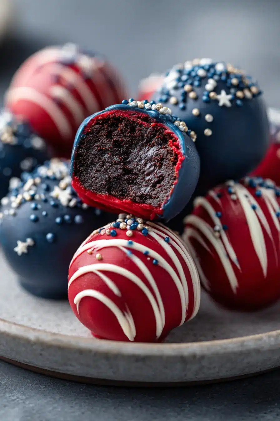Patriotic Oreo Balls with red white and blue coating and creamy chocolate filling
