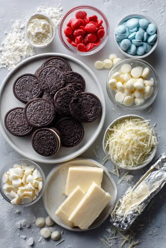 keto dessert ingredients with chocolate cookies cream cheese and candy melts