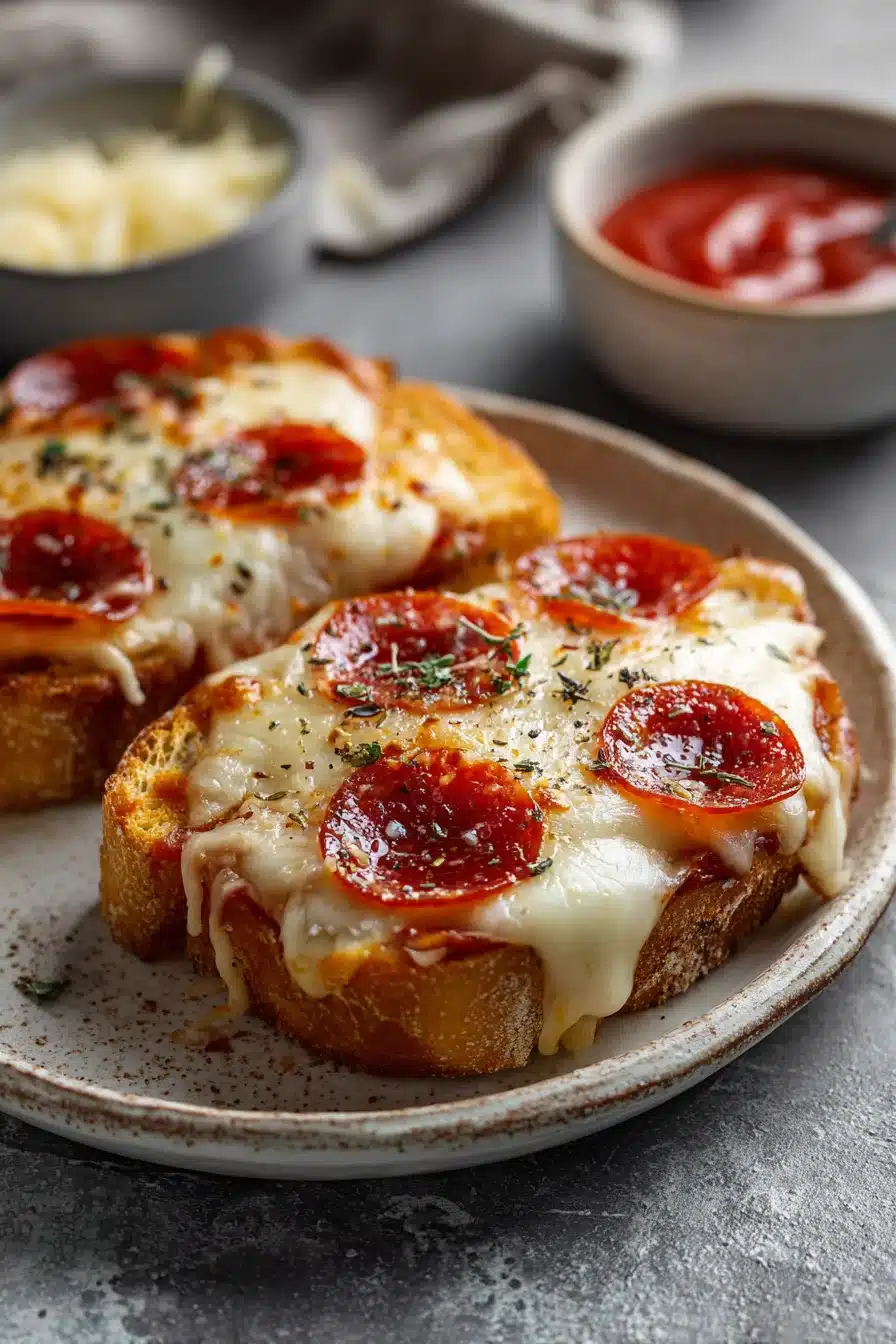 Crispy pizza toast with melted mozzarella and pepperoni on a plate