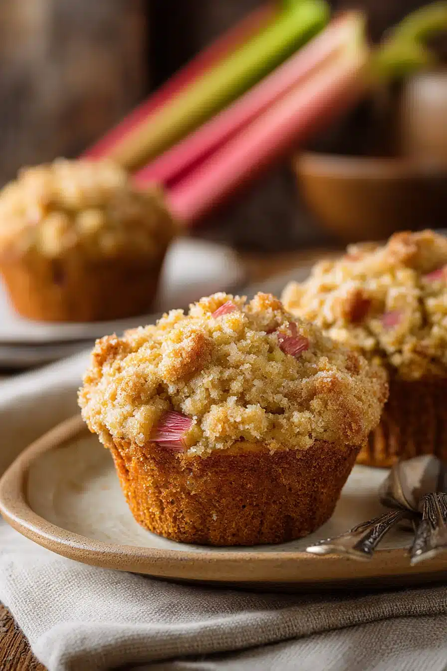 Golden quick rhubarb muffins with crumb topping on a plate