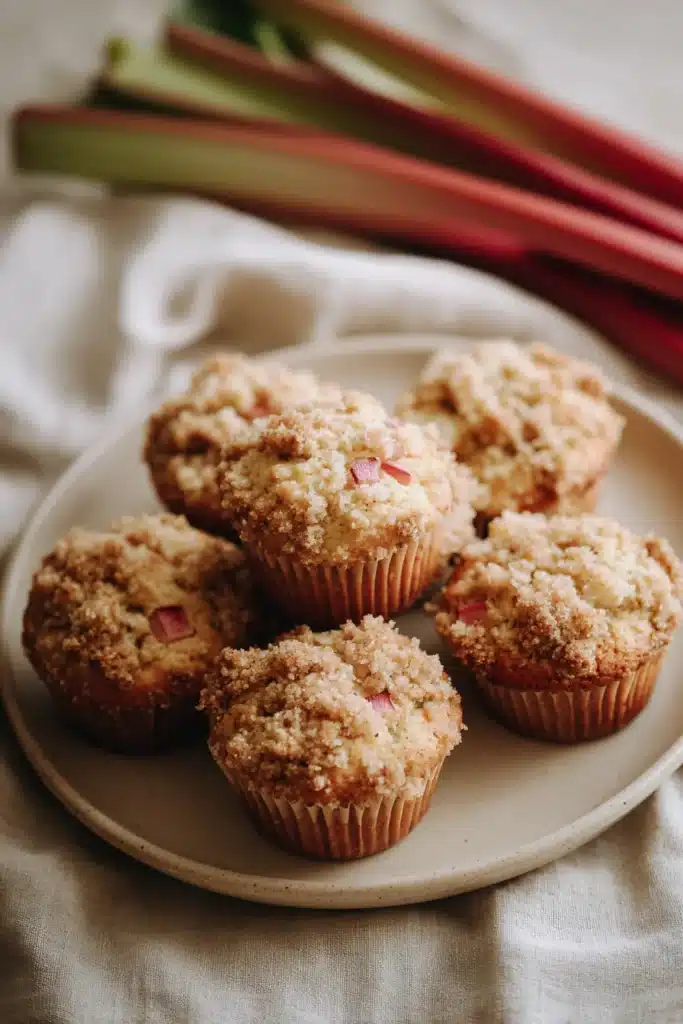 Quick rhubarb muffins with crumb topping on marble surface
