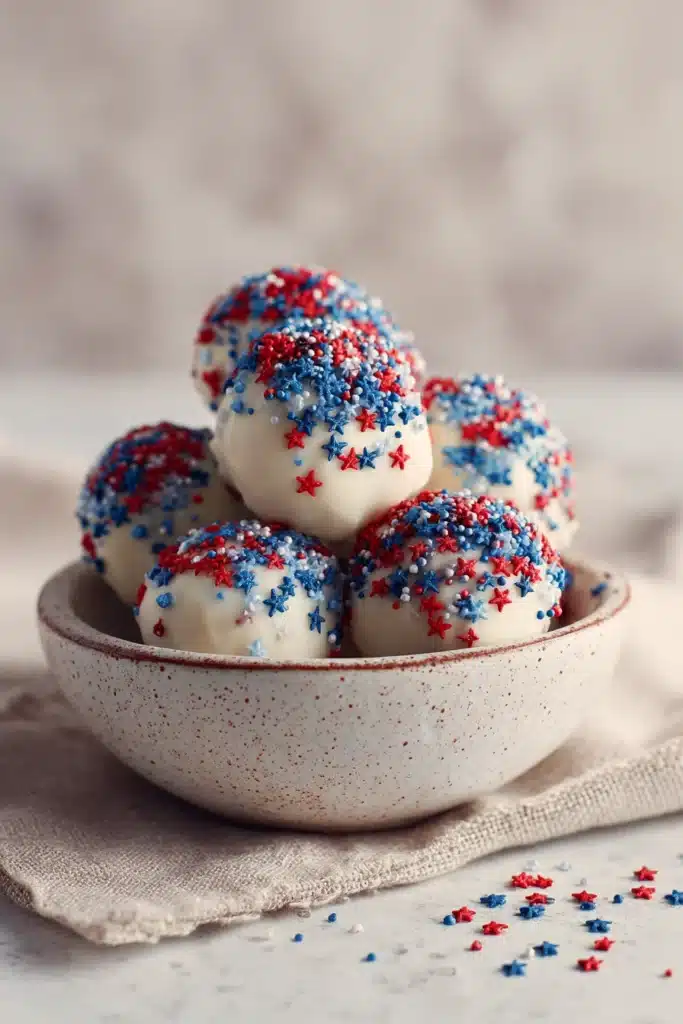 White chocolate cake balls with red and blue sprinkles in decorative bowl