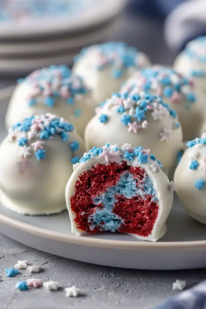 Red white and blue cake balls with white chocolate coating and colorful sprinkle topping