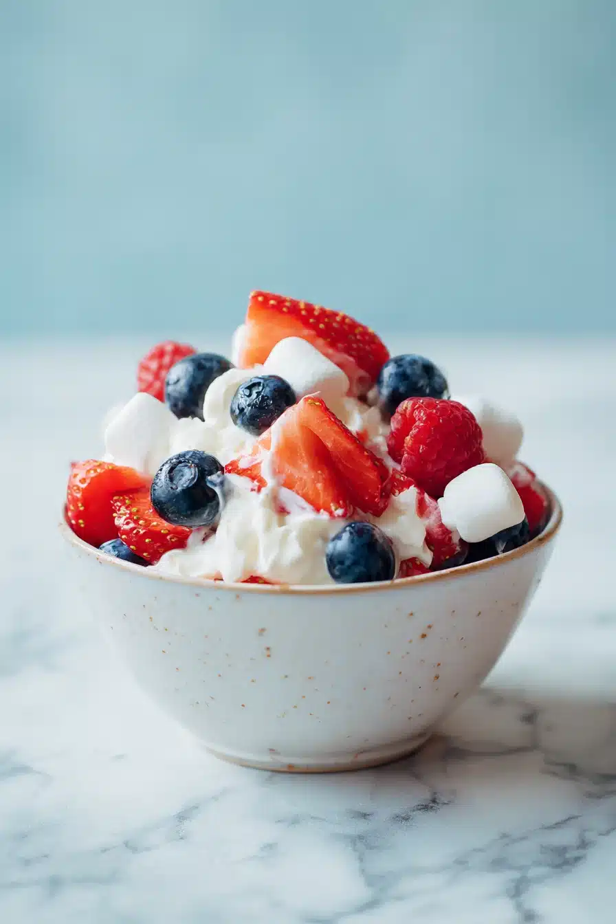 Red white and blue cheesecake salad with strawberries, blueberries, and creamy filling in a bowl