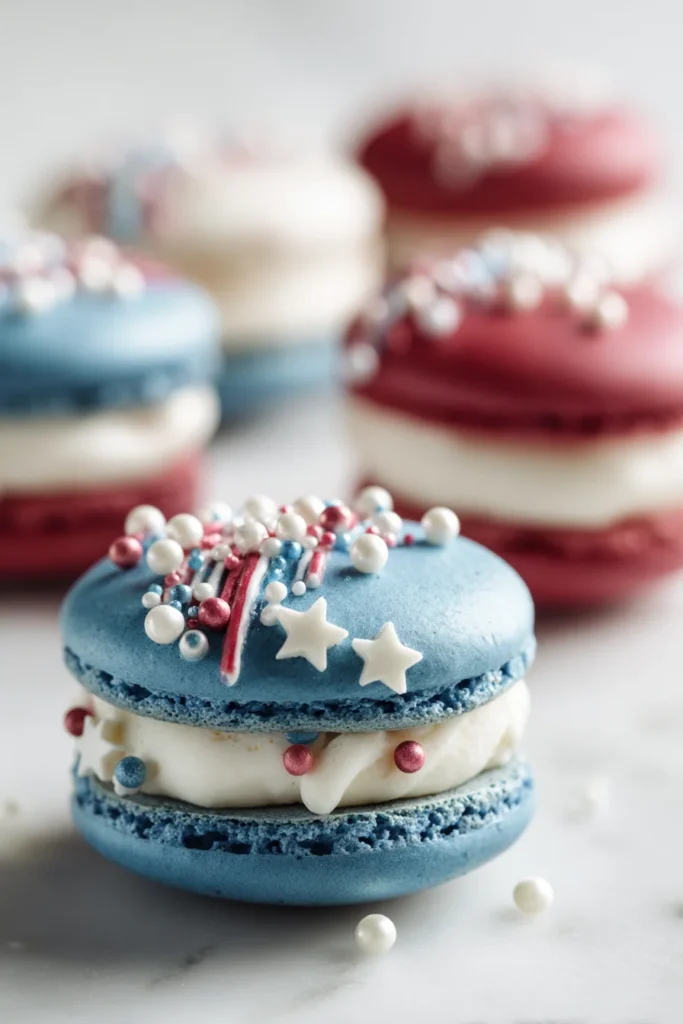 Red white and blue macarons close up with creamy filling and sprinkles
