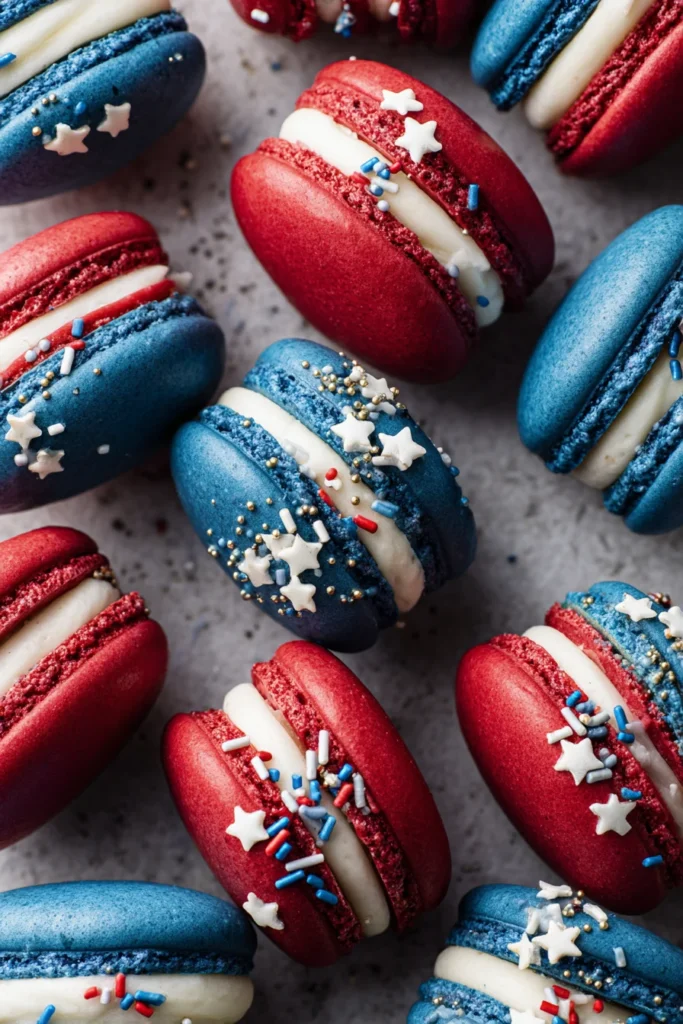 Red white and blue macarons with sprinkles and white chocolate drizzle close-up