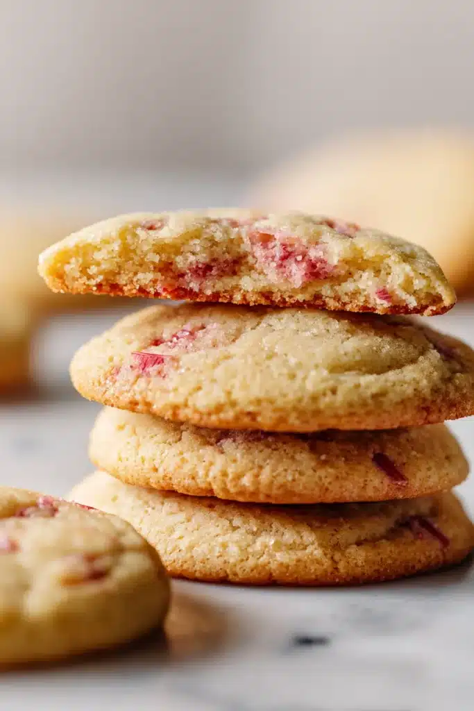Rhubarb cookies soft and chewy with visible rhubarb pieces inside