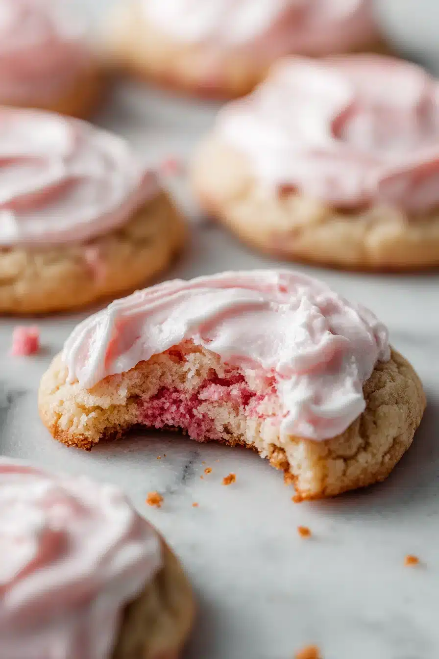 Rhubarb cookies with cream cheese frosting soft and chewy texture close-up