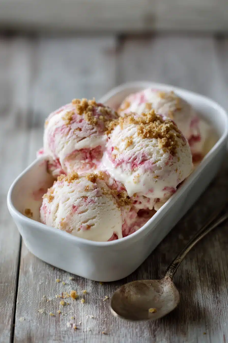 Rhubarb crumble ice cream with creamy scoops and crunchy topping in dish